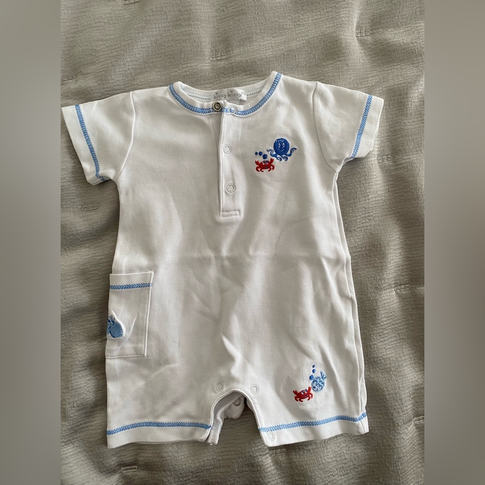 Kissy Kissy White & Blue Romper with ocean animals, short sleeves